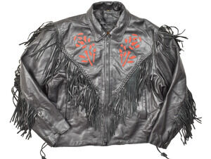 Hot Leathers Women XXL Black Leather Fringe Jacket Red Rose Inlay Western VTG